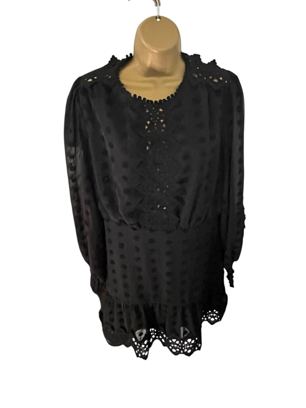 Lulus Swiss Dot Fit & Flare Dress Lace Trim Long Sleeve Black M